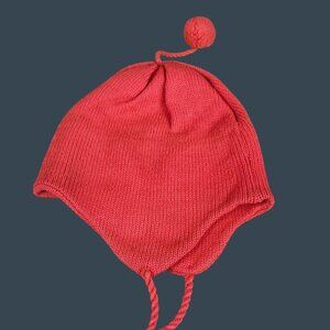 Red Vintage Earflap Knit Ski Hat With Pom-Pom Detail & Tie Straps 100% Wool